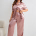Women Plus Size Pink Satin Collared Short Sleeve Pajama Set