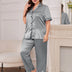 Women Plus Size Gray Satin Collared Short Sleeve Pajama Set