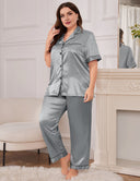 Women Plus Size Gray Satin Collared Short Sleeve Pajama Set