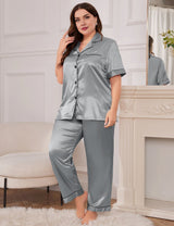 Women Plus Size Gray Satin Collared Short Sleeve Pajama Set