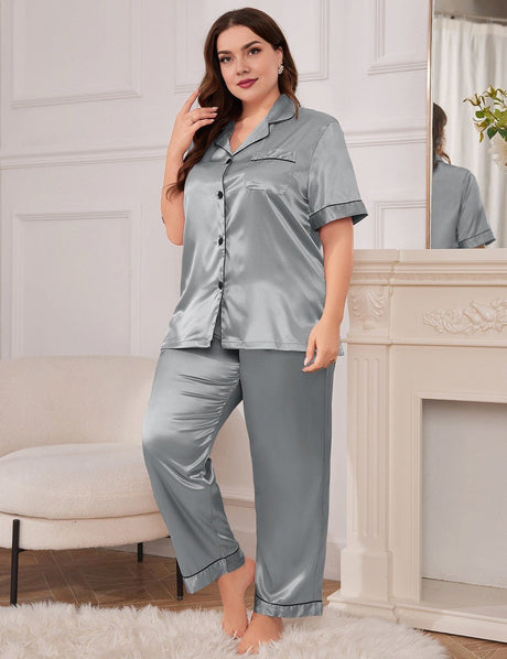 Women Plus Size Gray Satin Collared Short Sleeve Pajama Set