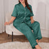 Women Plus Size Green Satin Collared Short Sleeve Pajama Set