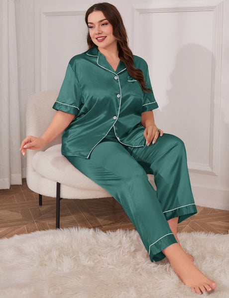 Women Plus Size Green Satin Collared Short Sleeve Pajama Set