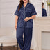 Women Plus Size Navy Satin Collared Short Sleeve Pajama Set