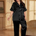 Women Plus Size Black Satin Collared Short Sleeve Pajama Set