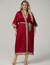Women Plus Size Burgundy Satin Floral-Trim Long Kimono Robe