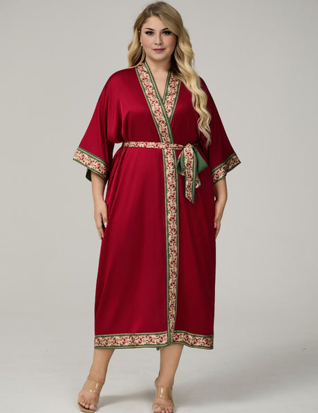 Women Plus Size Burgundy Satin Floral-Trim Long Kimono Robe