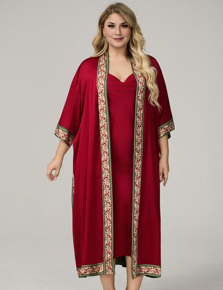 Women Plus Size Burgundy Satin Floral-Trim Long Robe Kimono 