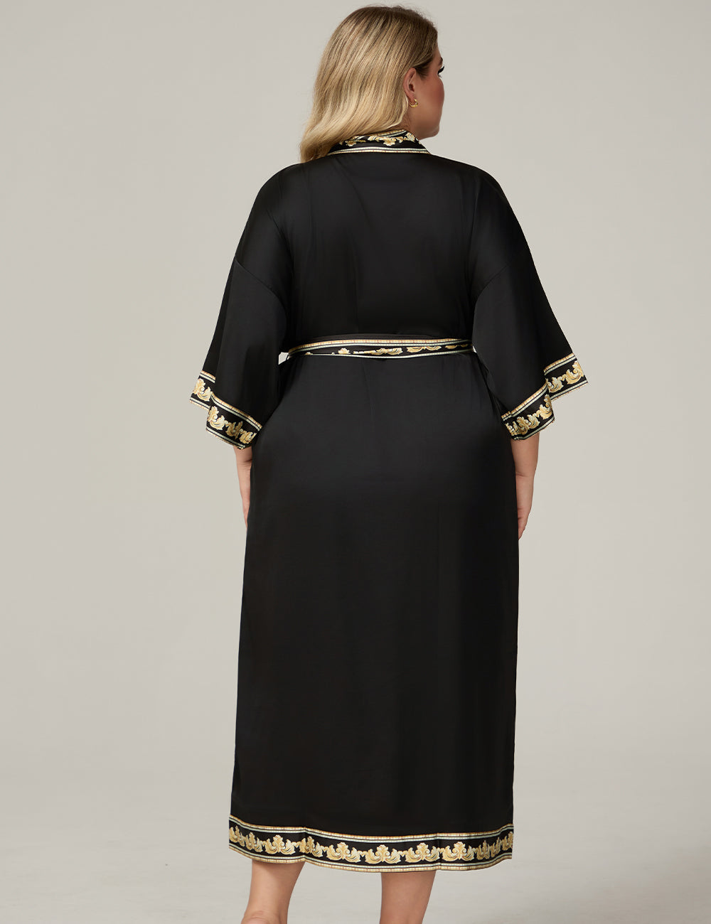 Women Plus Size Black Satin Floral-Trim Long Kimono Robe Back View