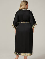 Women Plus Size Black Satin Floral-Trim Long Kimono Robe Back View
