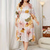 Women Plus Size Satin Floral V-Neck Three-Quarter Sleeve Nightgown