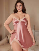 Women Plus Size Pink Satin Lace Trim Camisole Nightgown