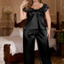 Women Plus Size Black Satin Lace Trim Short Sleeve Pajama Set