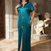 Plus Size Satin V-Neck Button Front Slit Maxi Dress