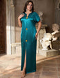 Plus Size Satin V-Neck Button Front Slit Maxi Dress