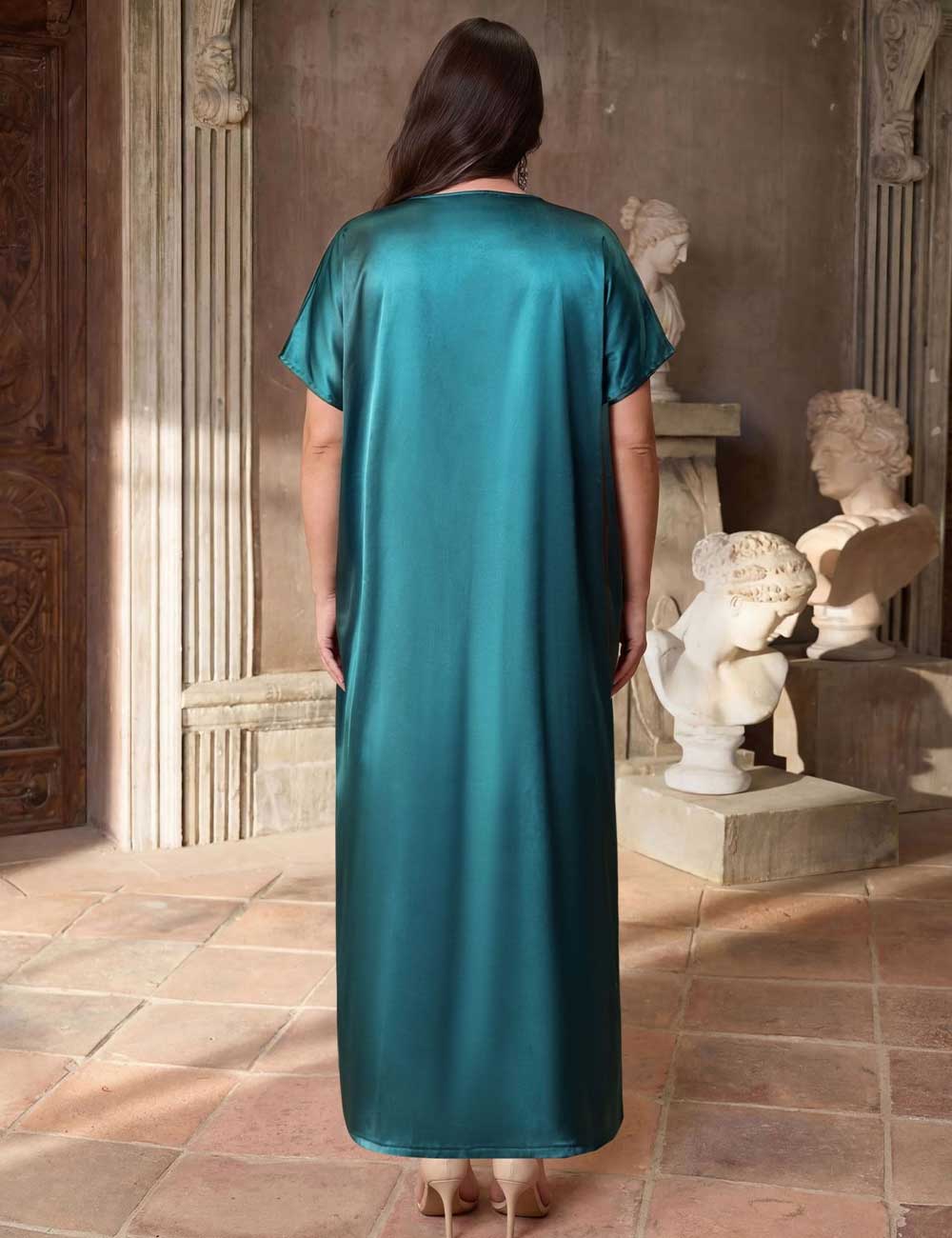 Plus Size Satin V-Neck Button Front Slit Maxi Dress Back View