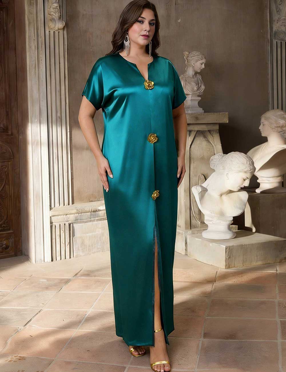 Plus Size Green Satin V-Neck Short Sleeve Maxi Dress with Slit