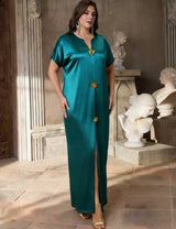 Plus Size Green Satin V-Neck Short Sleeve Maxi Dress with Slit