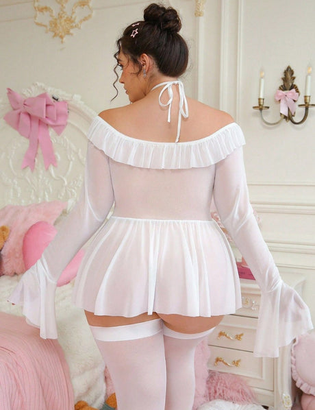 Women Plus Size Sheer Halter Babydoll with Thigh - High Stockings - PRUSES