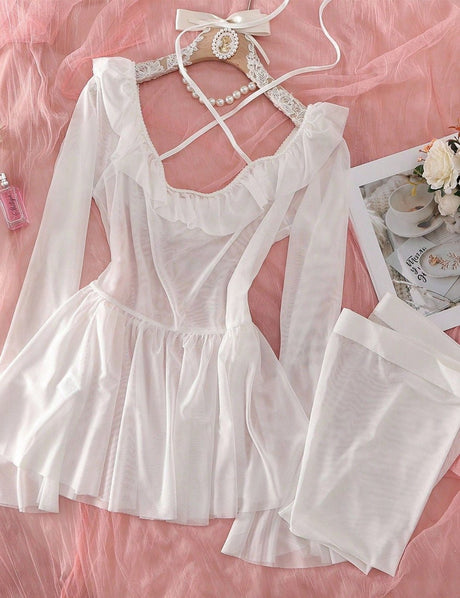 Women Plus Size Sheer Halter Babydoll with Thigh - High Stockings - PRUSES