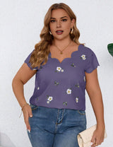 Women Plus Size Shell Edge Flower Print T-shirt | PRUSES - PRUSES