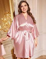 Women Plus Size Solid Belted Satin Robe | PRUSES - PRUSES