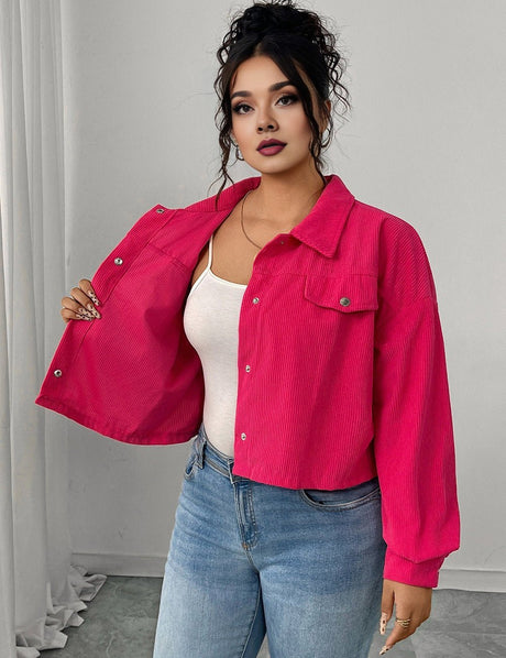 Women Plus Size Solid Color Cropped Corduroy Jacket - PRUSES