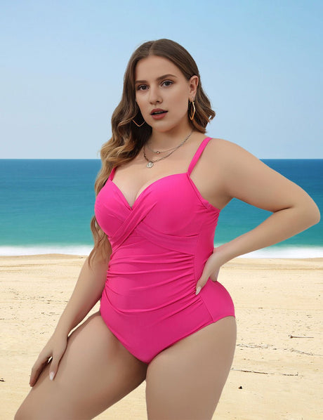 Women Plus Size Solid Color Front Twist One - Piece Swimsuit - PRUSES