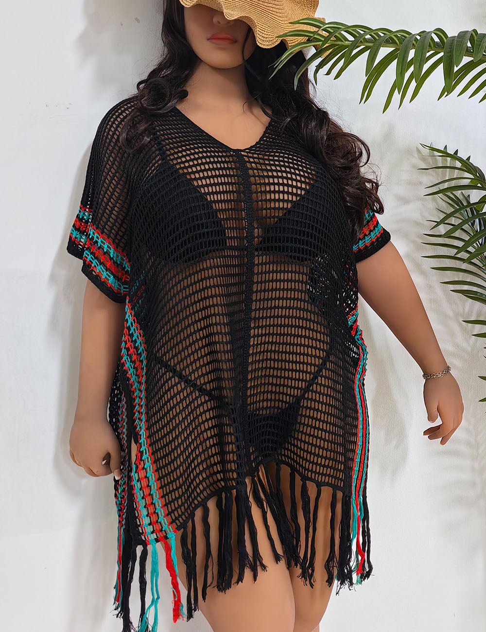 Women Plus Size Striped Contrast Stitching Beach Cover Up | PRUSES - PRUSES