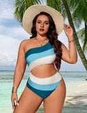 Women Plus Size Striped Patchwork Hollow Out One - Piece Swimsuit - PRUSES