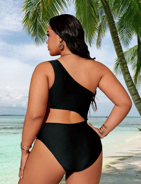 Women Plus Size Striped Patchwork Hollow Out One - Piece Swimsuit - PRUSES
