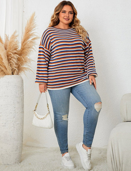 Women Plus Size Striped Round Neck Casual Knit Sweater - PRUSES