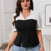 Black Plus Size Striped Shirt Collar Colorblock Blouse