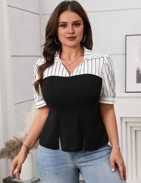 Black Plus Size Striped Shirt Collar Colorblock Blouse