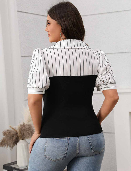 Black Plus Size Striped Collar Colorblock Blouse
