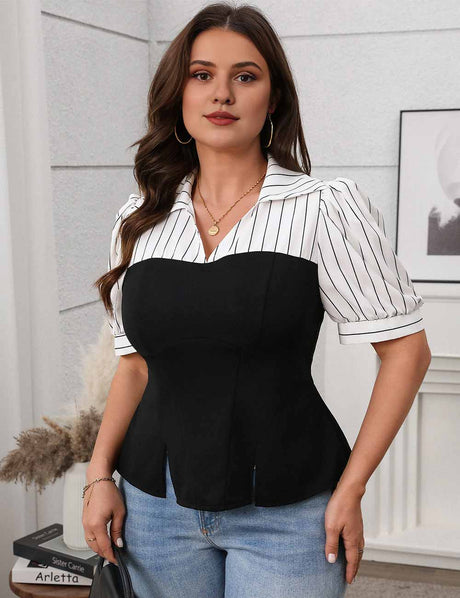 Black Plus Size Contrast Striped Puff Sleeve Blouse