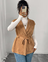 Women Plus Size Suede Brown Belted Lapel Vest Coat - PRUSES
