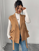 Women Plus Size Suede Brown Belted Lapel Vest Coat - PRUSES