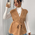 Women Plus Size Suede Brown Belted Lapel Vest Coat - PRUSES