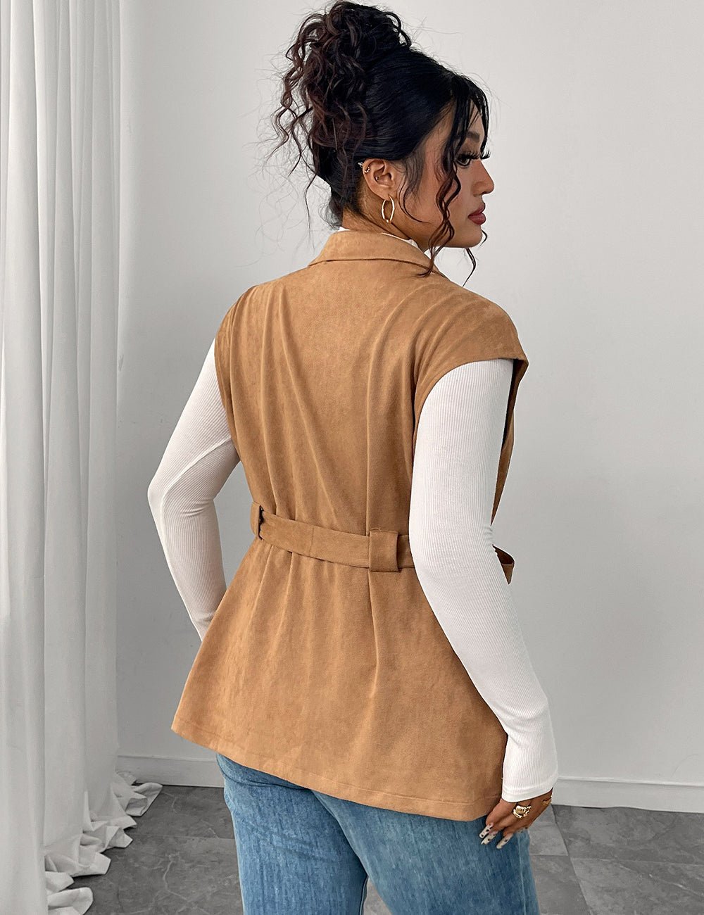 Women Plus Size Suede Brown Belted Lapel Vest Coat - PRUSES