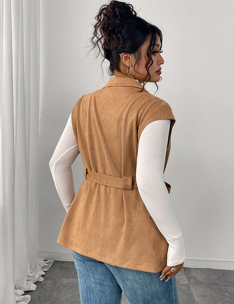 Women Plus Size Suede Brown Belted Lapel Vest Coat - PRUSES
