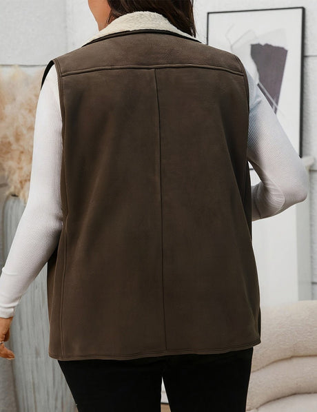 Women Plus Size Suede Dark Brown Lapel Collar Vest Coat - PRUSES