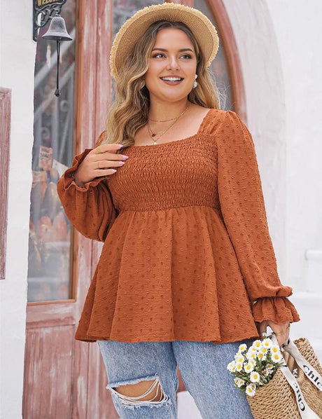 Women Plus Size Swiss Dot Long Sleeve Peplum Top - PRUSES