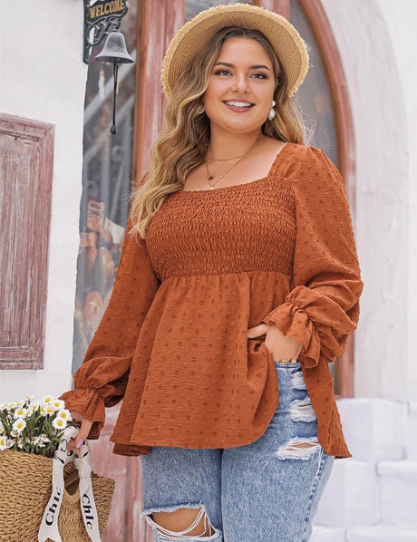 Women Plus Size Swiss Dot Long Sleeve Peplum Top - PRUSES