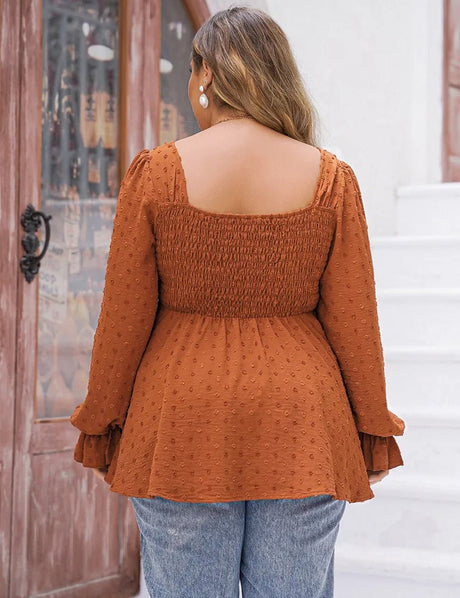 Women Plus Size Swiss Dot Long Sleeve Peplum Top - PRUSES