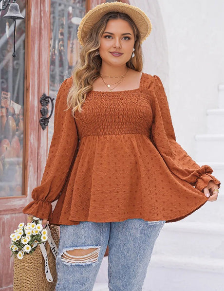Women Plus Size Swiss Dot Long Sleeve Peplum Top - PRUSES