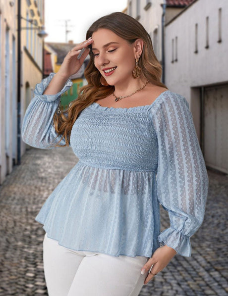 Women Plus Size Swiss Dot Shirred Peplum Blouse | PRUSES - PRUSES