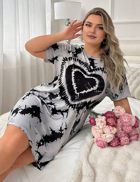 Women Plus Size Gray Tie-Dye Heart Print Short Sleeve Nightgown