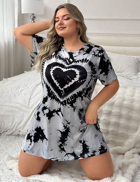 Women Plus Size Gray Tie-Dye Short Sleeve Nightgown