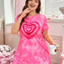 Women Plus Size Pink Tie-Dye Heart Print Short Sleeve Nightgown